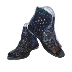 WALK‎ by Handmade Shoes Open Toe Ankle Boot, Size 5.5, Black Leather Cut Outs